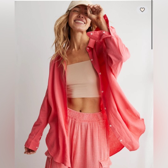 aerie Tops - Never Worn Aerie Linen Blend Coverup Shirt Haute Coral Size Large